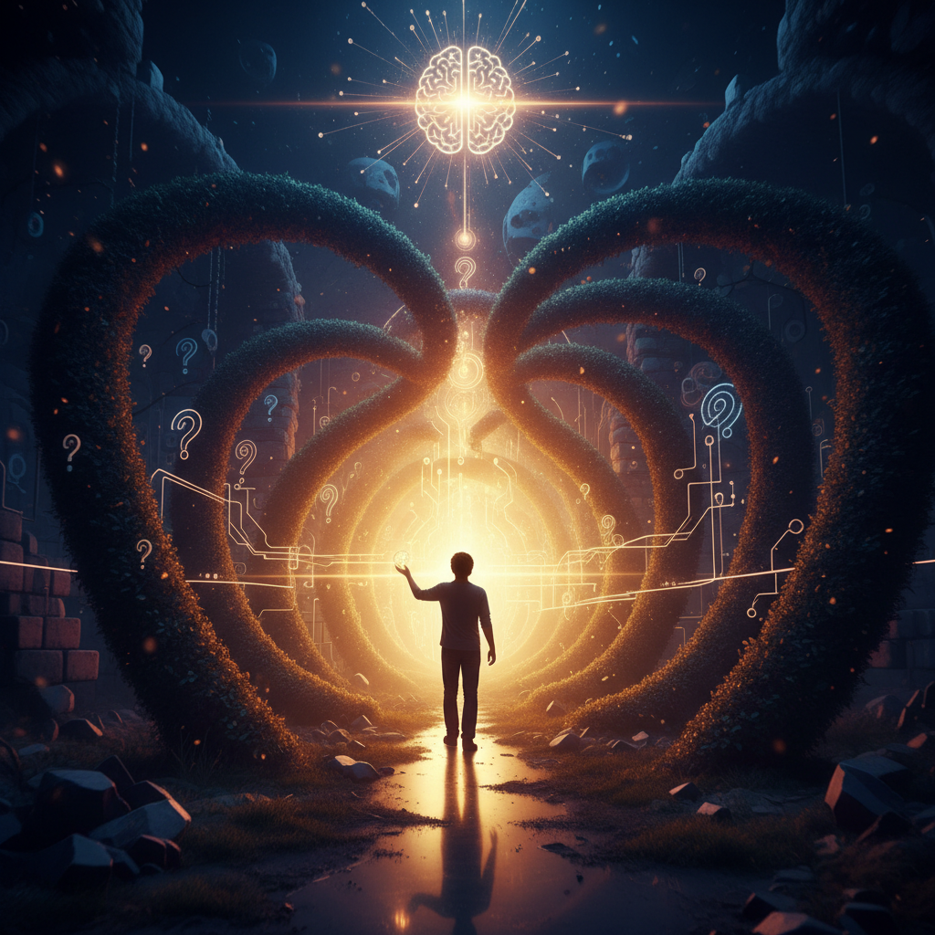 Person emerging from a maze of tangled code threads toward a bright lightbulb representing clarity and understanding