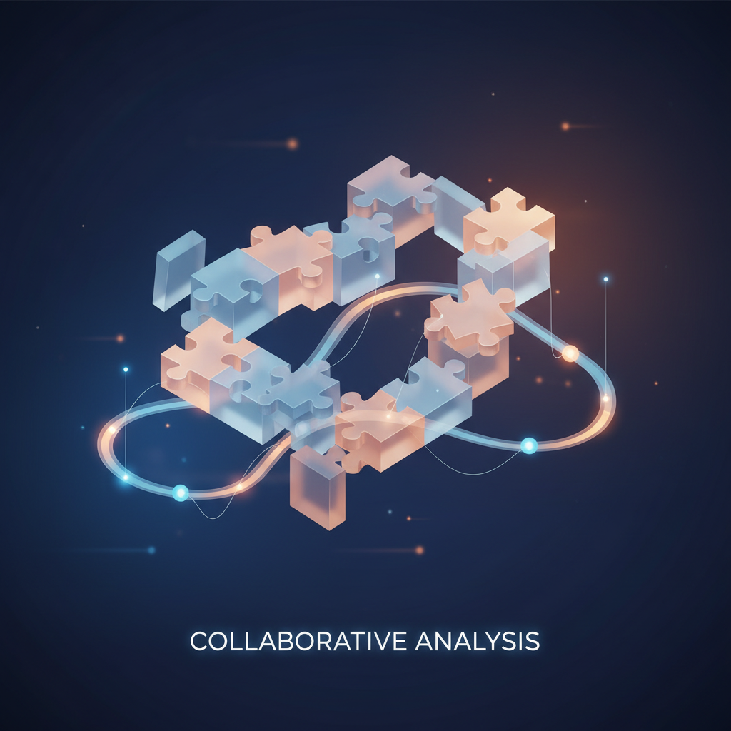 Abstract visualization of interconnected puzzle pieces coming together over a glowing timeline, representing collaborative incident analysis