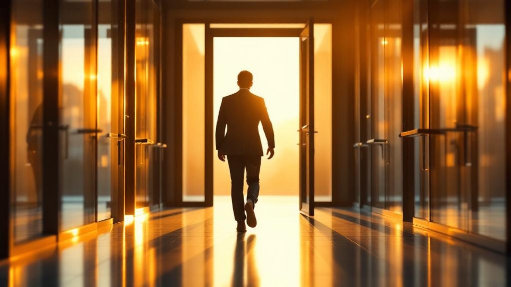 Professional walking through open glass doors toward bright golden light, symbolizing new career opportunity after bootcamp graduation