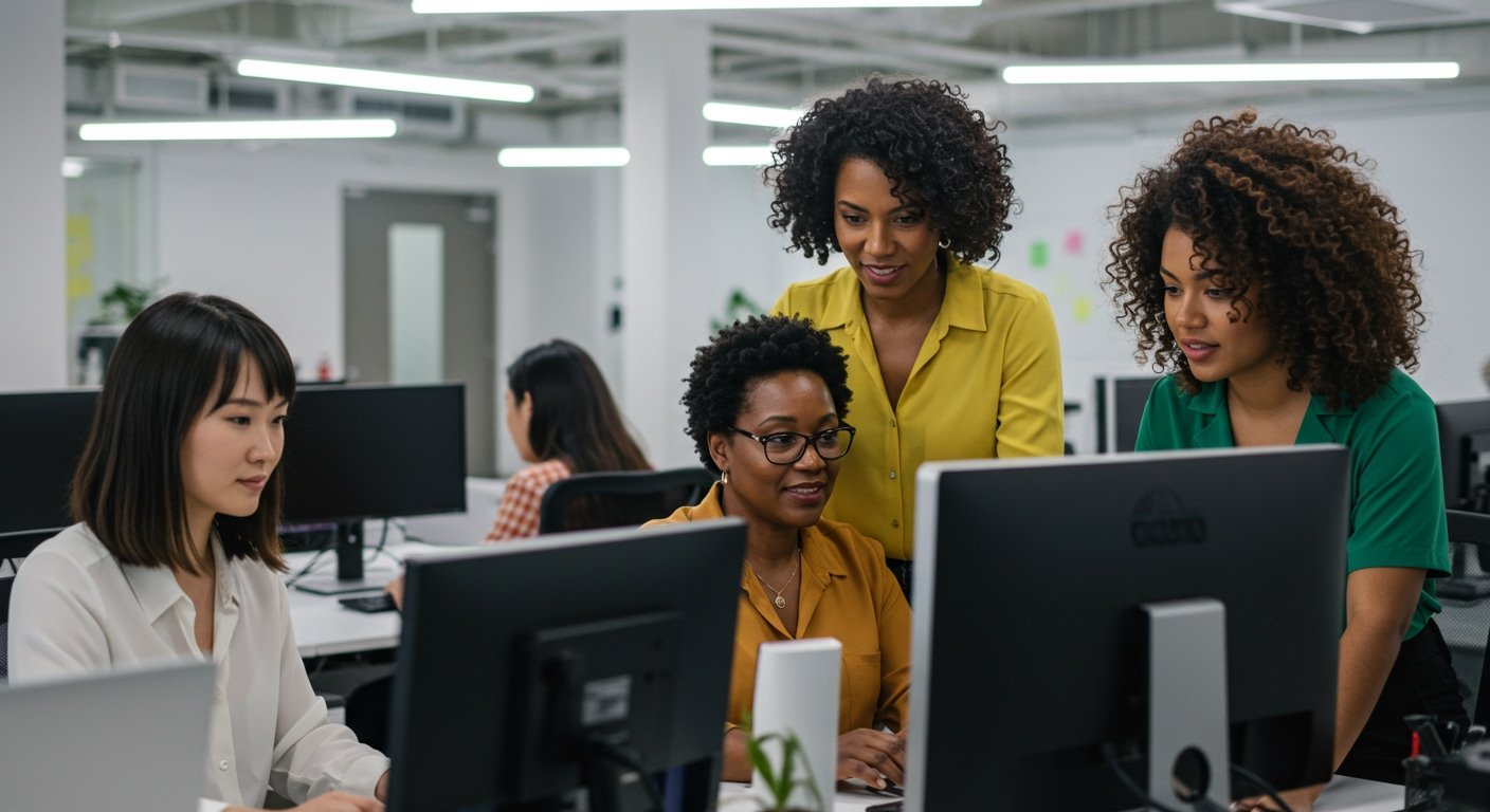 Professional woman at a career crossroads with illuminated pathways representing mentorship and leadership opportunities in technology