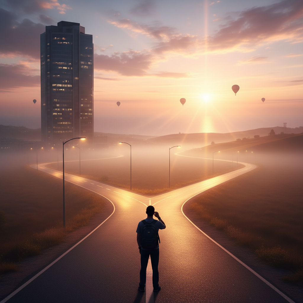 Professional standing at crossroads deciding between two paths representing career choices