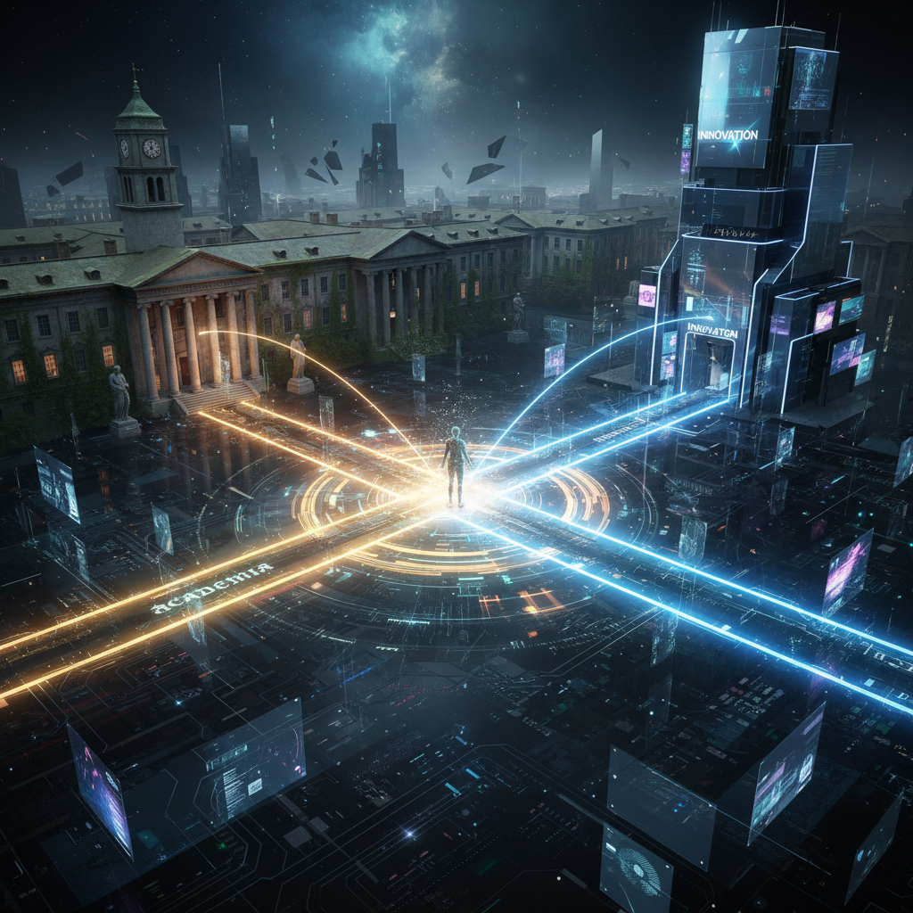 Fork in the road with university campus on one side and modern tech workspace on the other