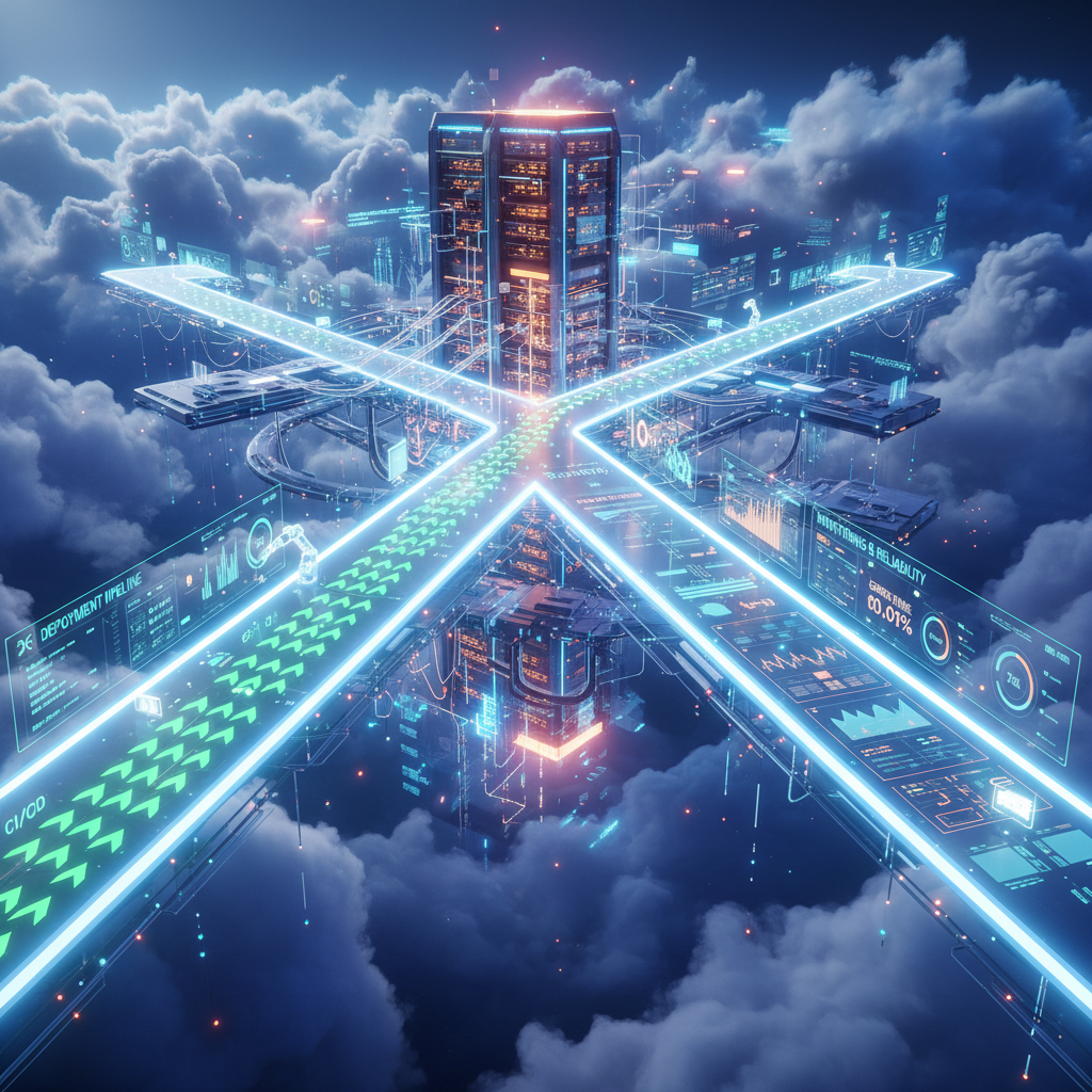 Two parallel career paths diverging and converging through cloud infrastructure representing DevOps and SRE roles