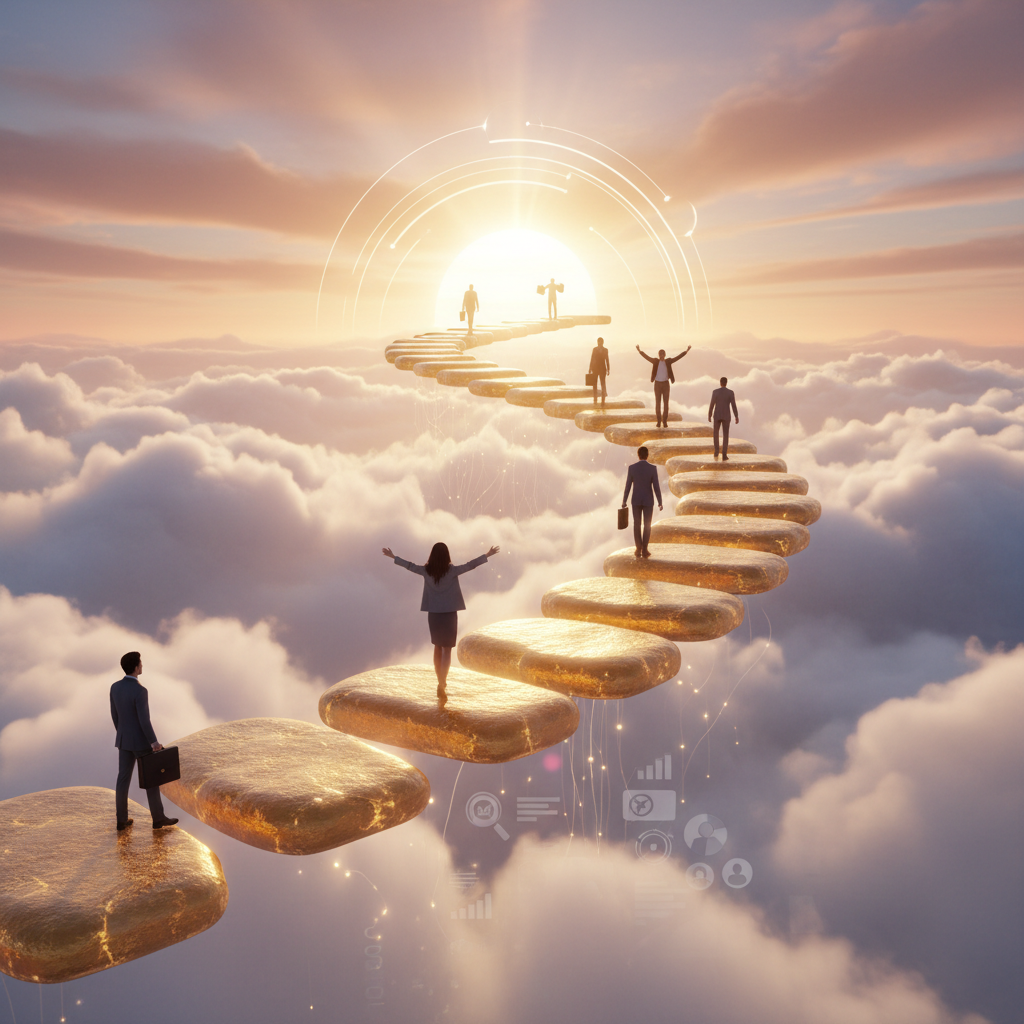 Professional ascending illuminated stepping stones through clouds representing career progression phases