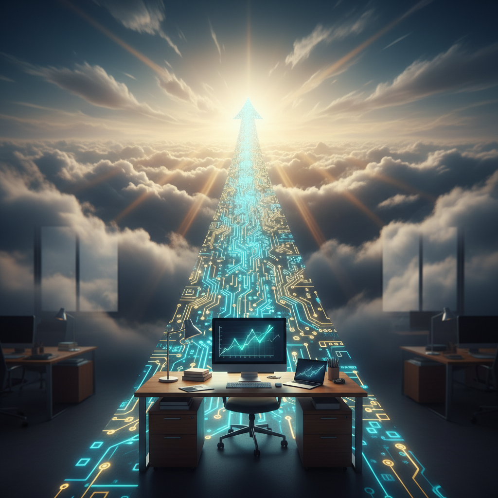 Ascending staircase of glowing circuit board steps leading from a small help desk into the clouds, symbolizing career trajectory from first IT job