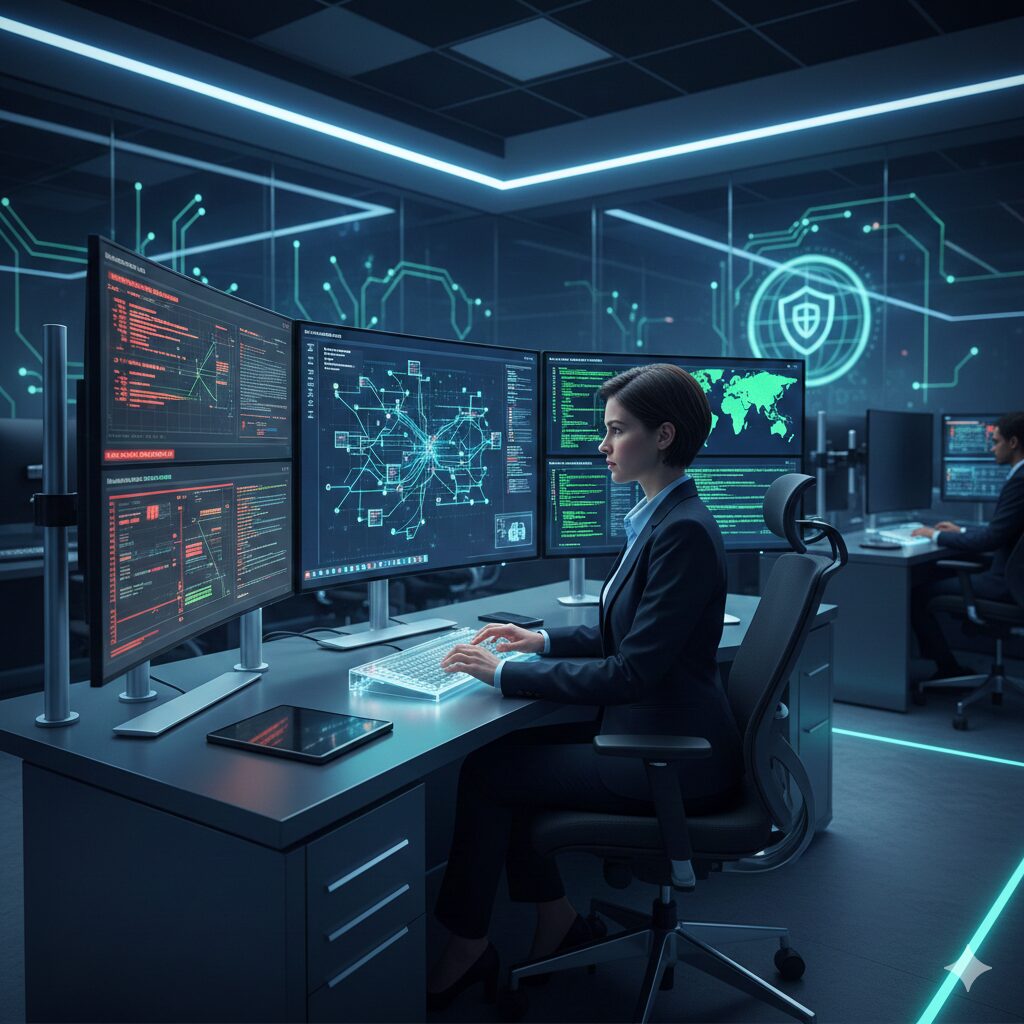 Cybersecurity professional analyzing threat data on multiple screens in a modern security operations center