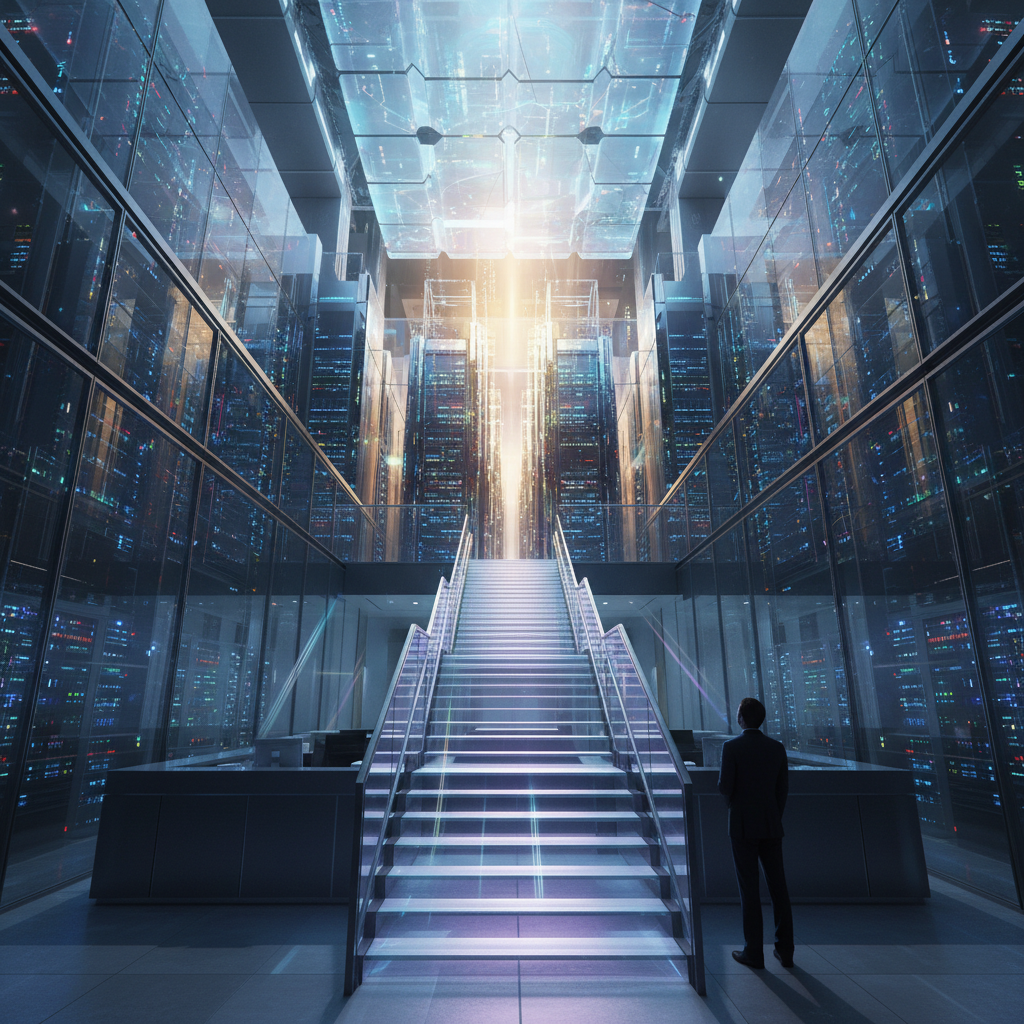 Professional ascending illuminated stairway from service desk toward server infrastructure representing career advancement