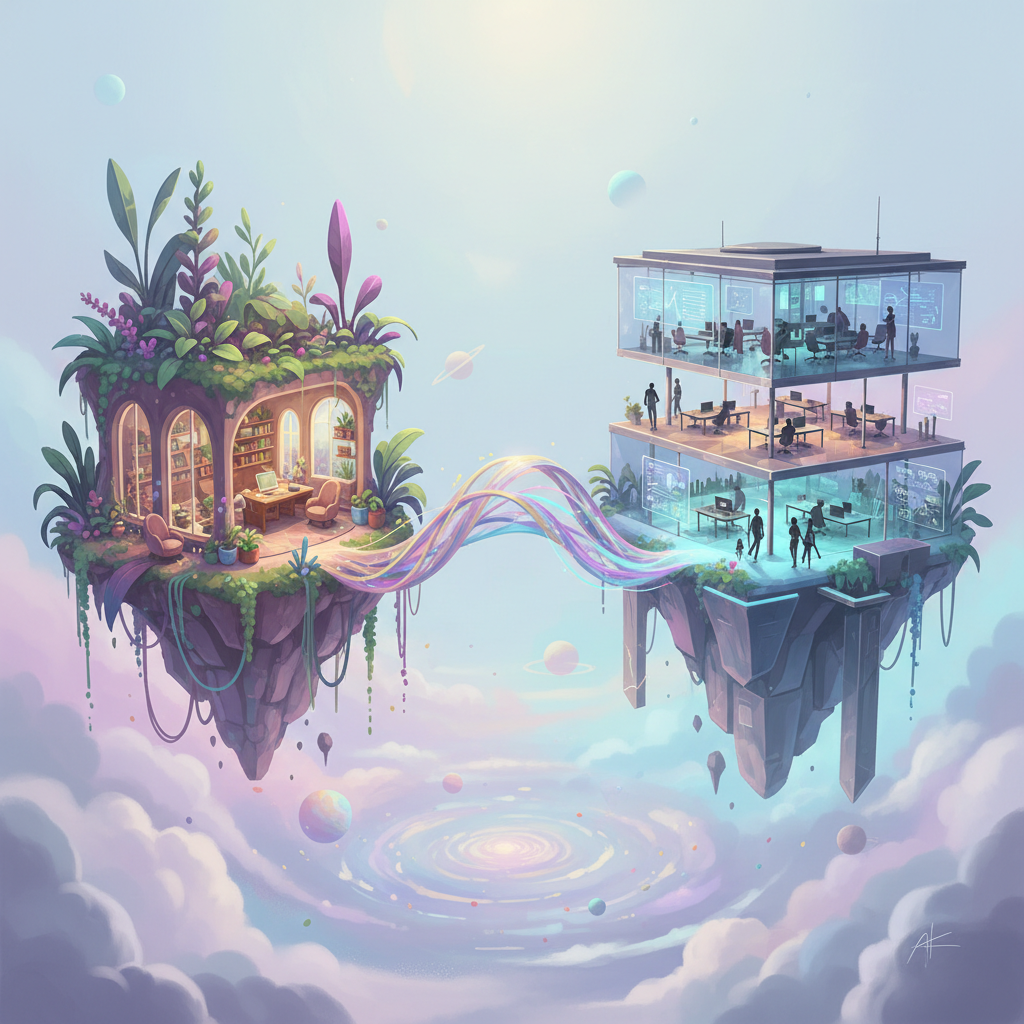 Split visualization showing productive home office on one side and collaborative office environment on the other, connected by glowing digital pathways