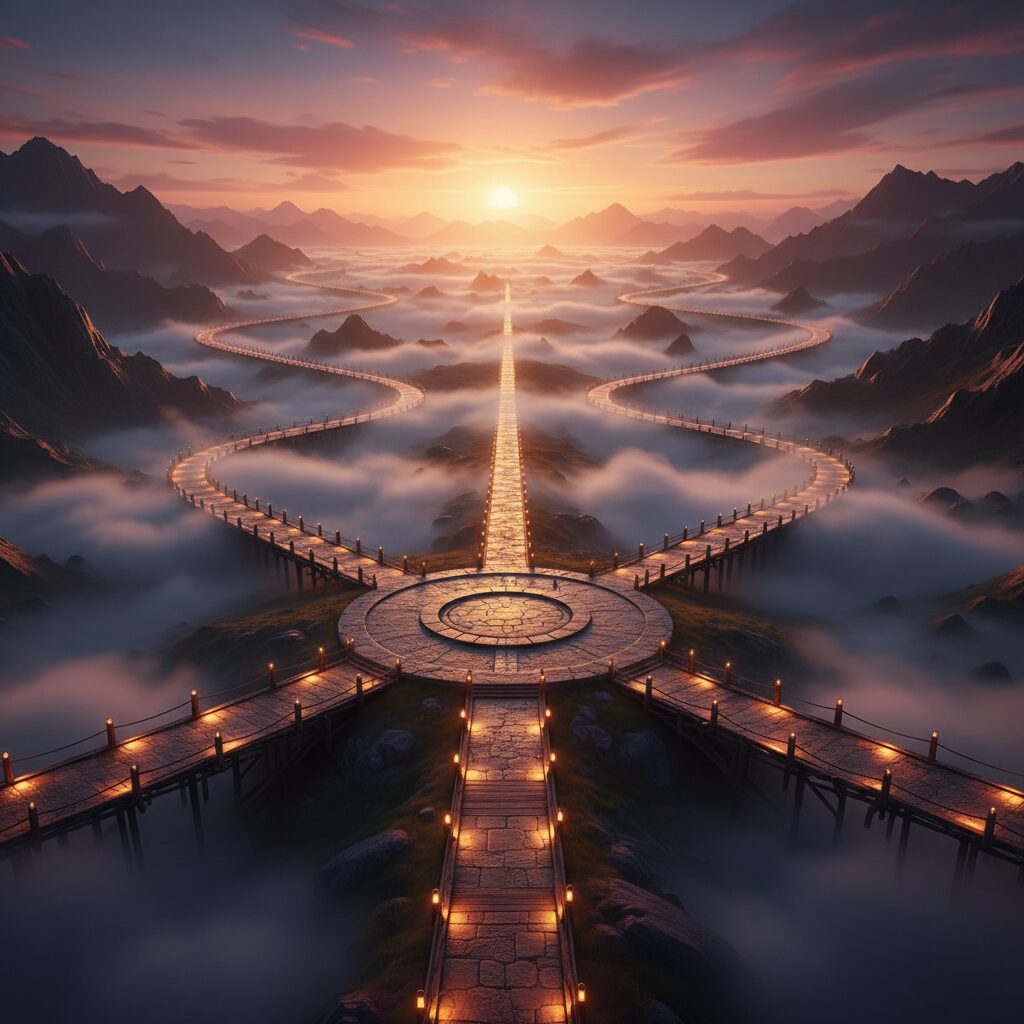 Person standing at the base of a massive glowing server tower reaching into clouds, looking upward with determination