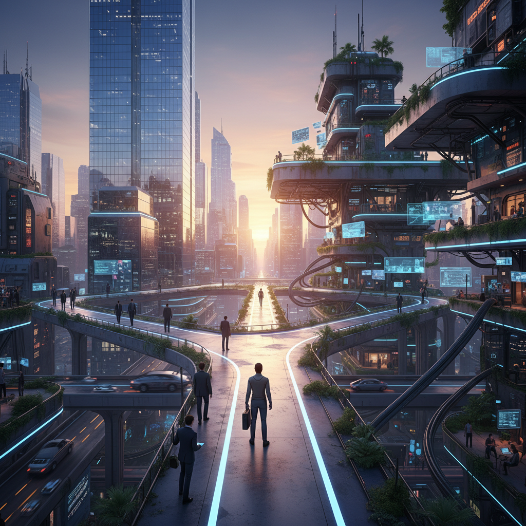 Split path through a tech landscape showing two distinct career journeys converging at the horizon