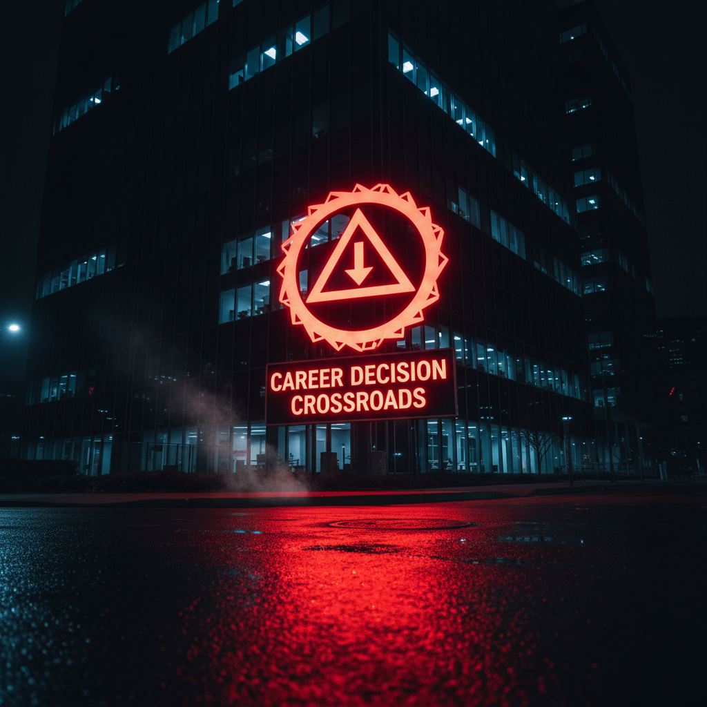Stop sign glowing red against a dark corporate office background symbolizing career warning signs