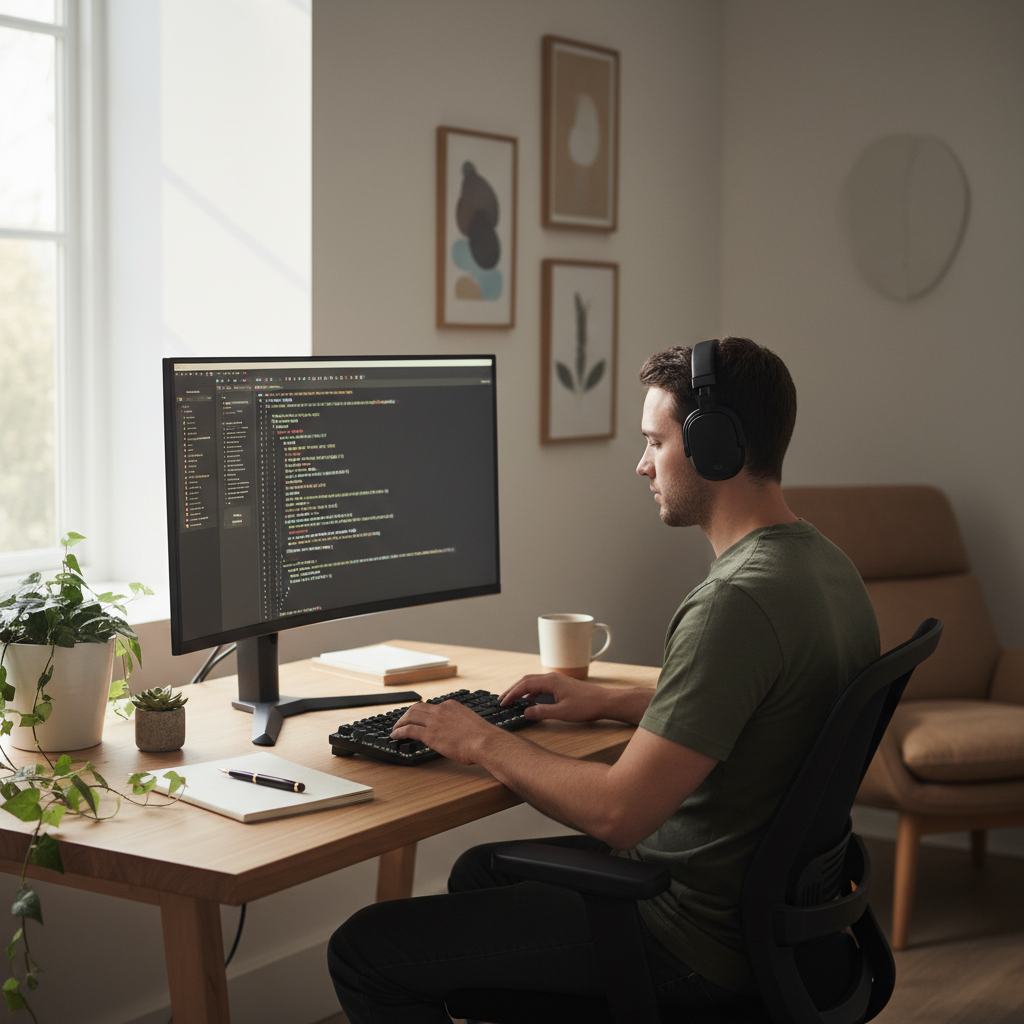 Developer working in focused solitude at a minimalist desk with code on screen
