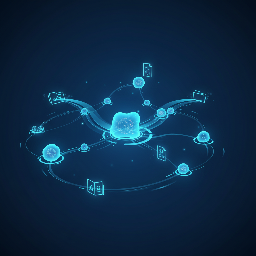 Interconnected network of glowing information nodes representing organized IT knowledge flowing through a modern system