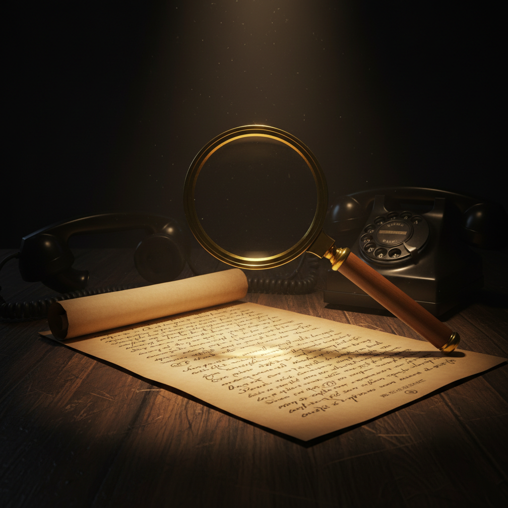 Magnifying glass hovering over a glowing document under warm spotlight, representing careful reference verification