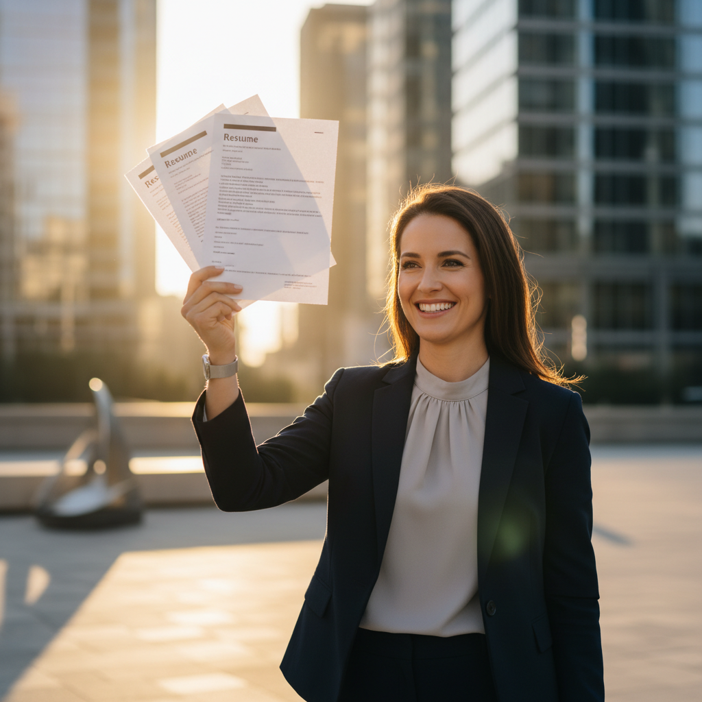 Professional resume documents highlighted with golden light on a modern desk