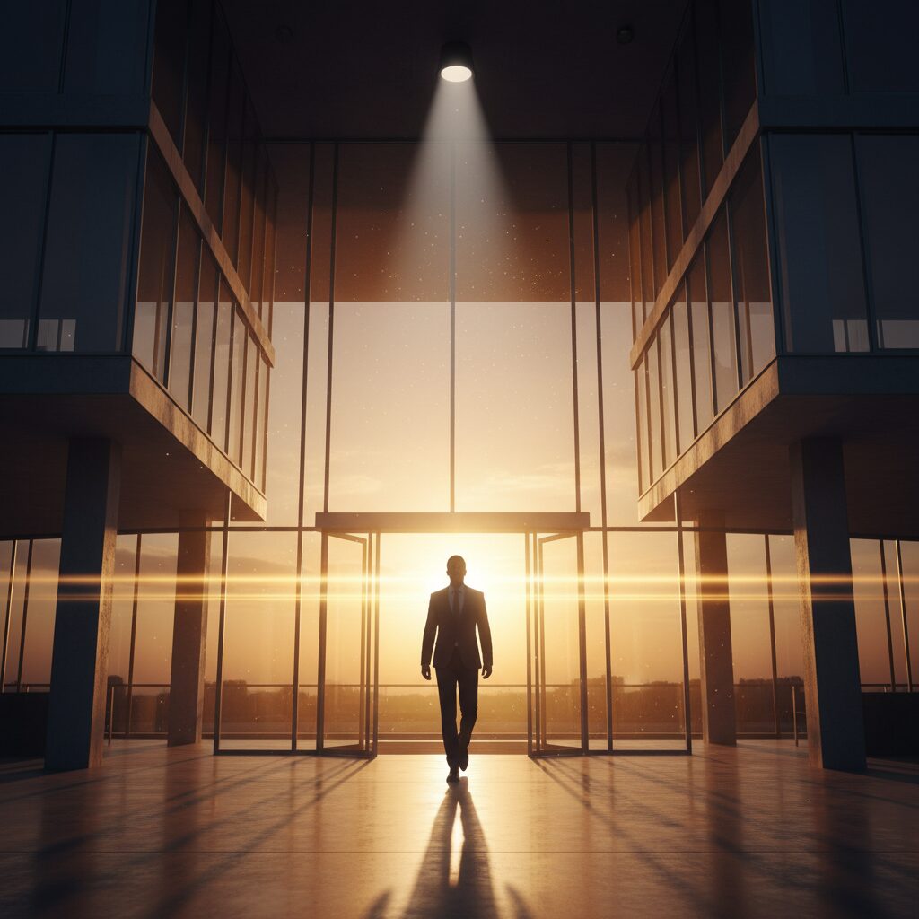 Professional standing confidently at a crossroads with illuminated paths representing salary negotiation choices