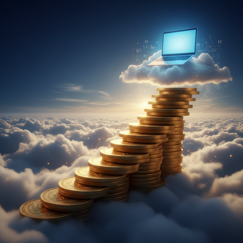 IT professional balancing multiple income streams symbolized by glowing orbs of different sizes and colors