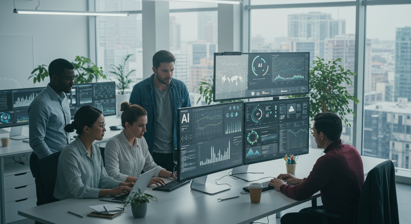 IT professionals working with modern technology dashboard showing AI, cloud computing, and data analytics