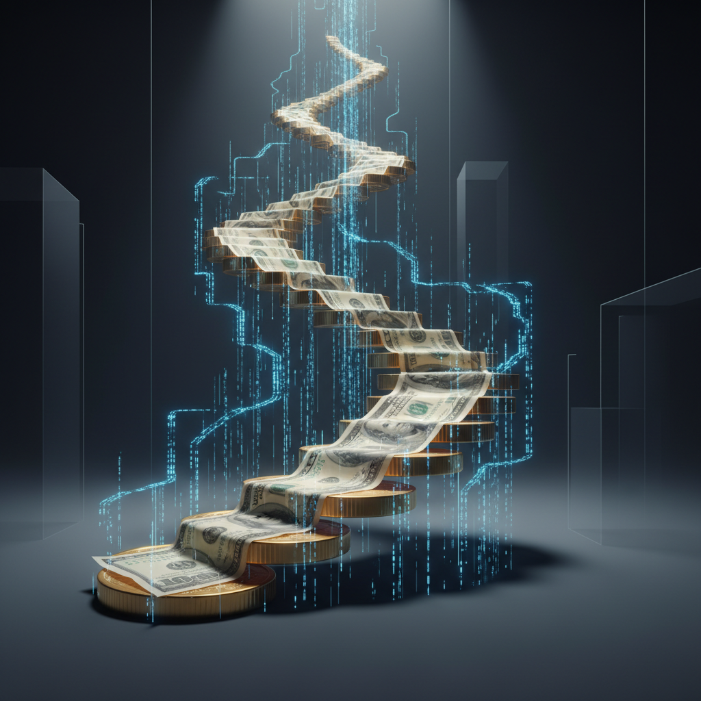 Career progression ladder ascending through technical support tiers with salary milestones