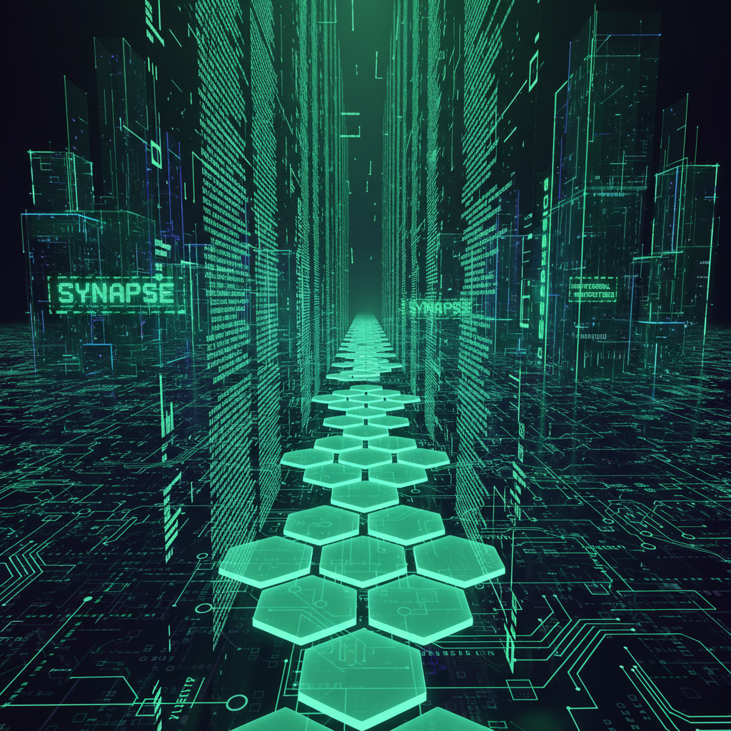 Glowing terminal interface with cascading command prompts transforming into a pathway through a digital landscape