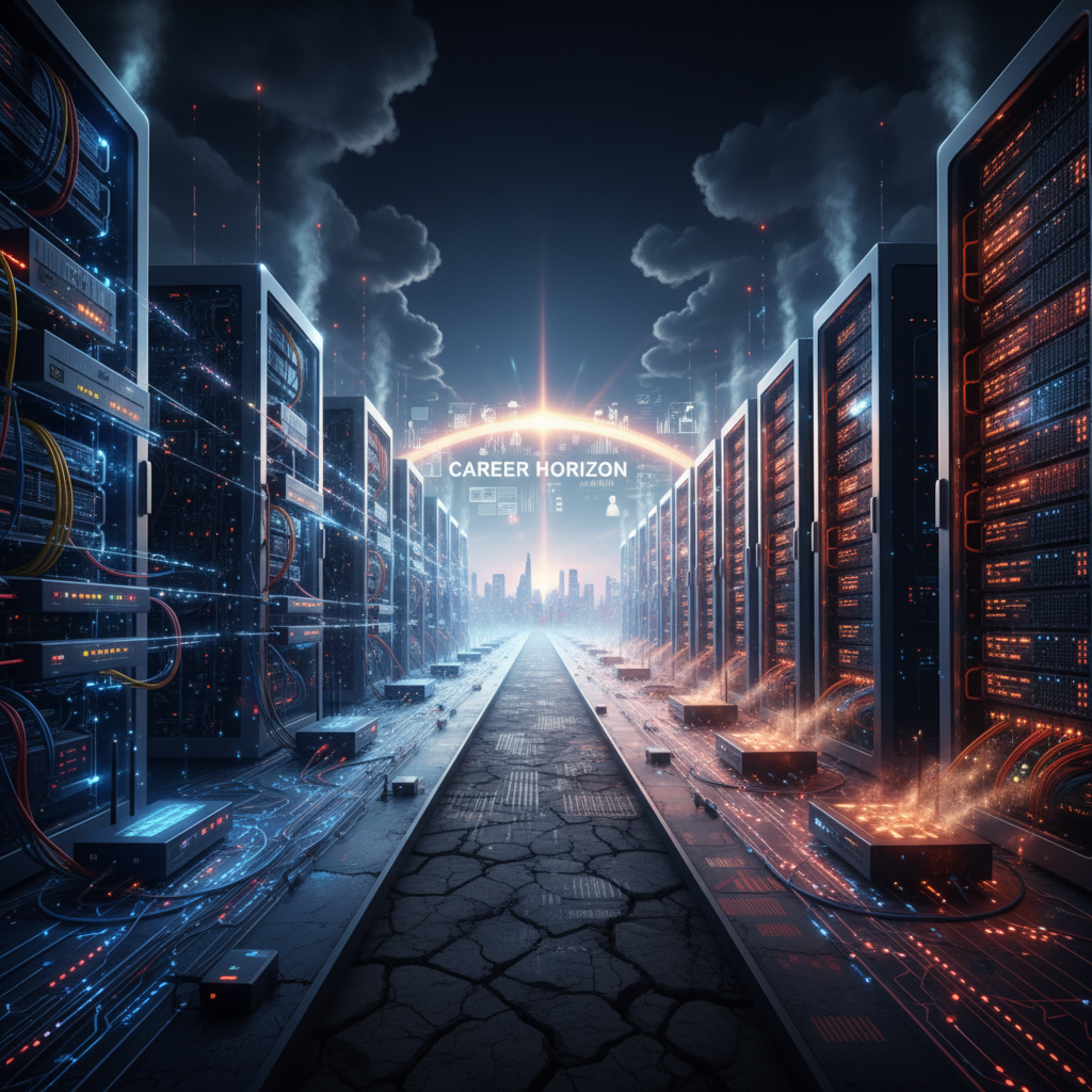 Two diverging technology pathways representing network infrastructure and server systems merging at career crossroads