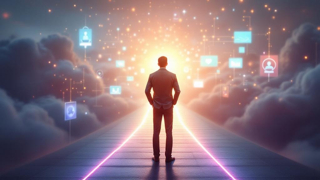 Person standing at illuminated crossroads with multiple glowing paths leading to different tech career destinations