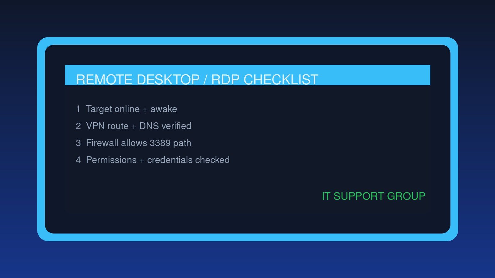 RDP Troubleshooting Checklist for IT Support