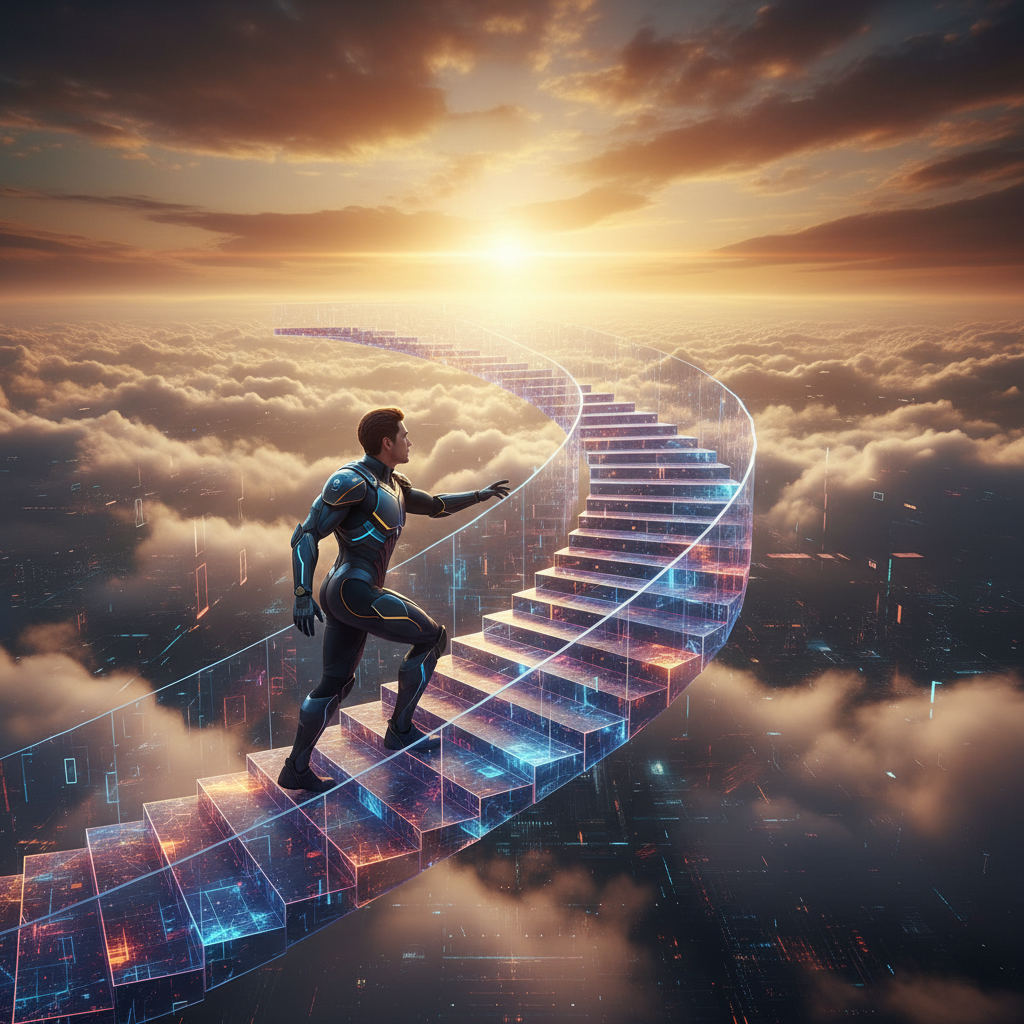 Ascending staircase made of glowing digital screens leading toward a bright horizon representing remote career growth