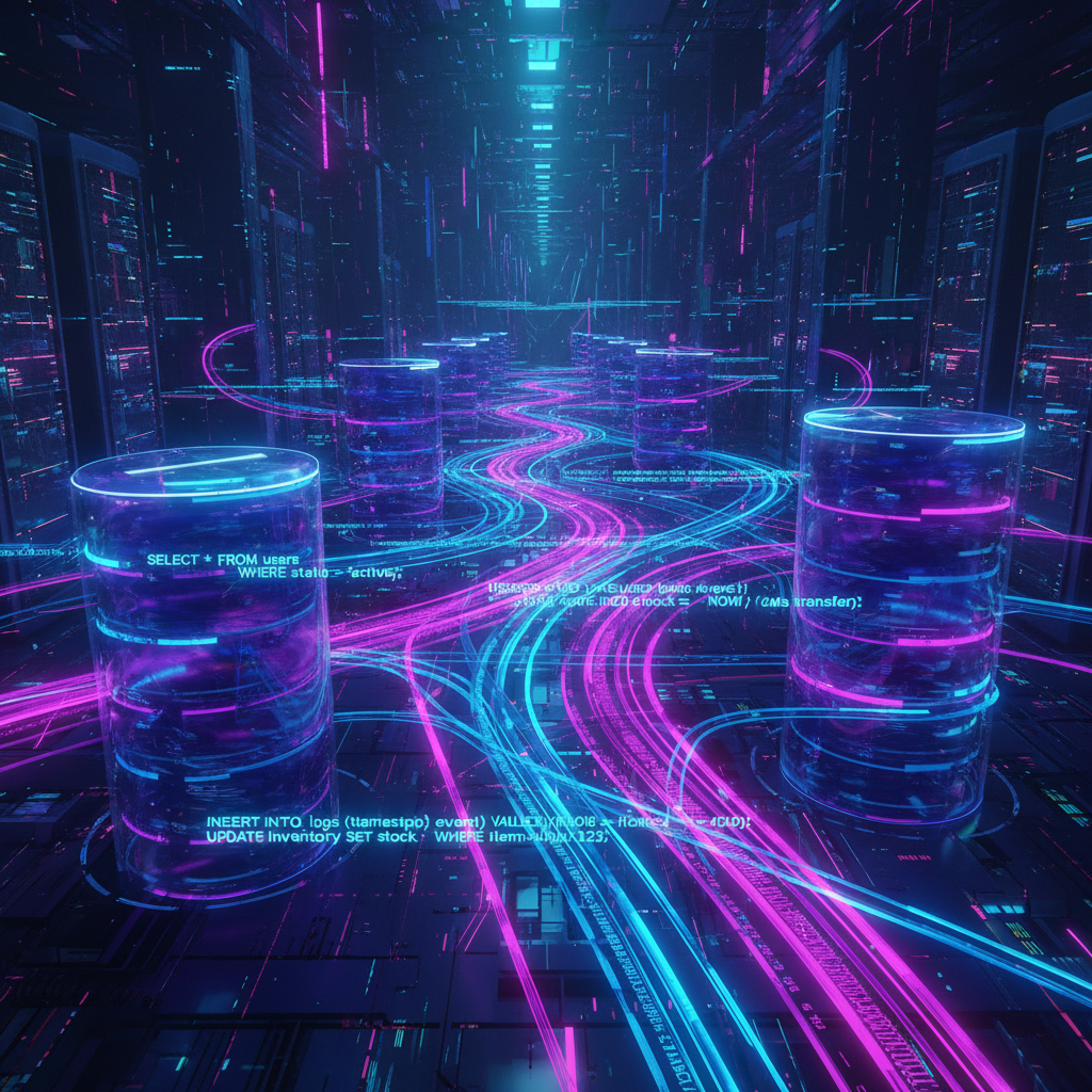 Glowing database cylinders connected by streams of data queries, representing the flow of information in modern IT systems
