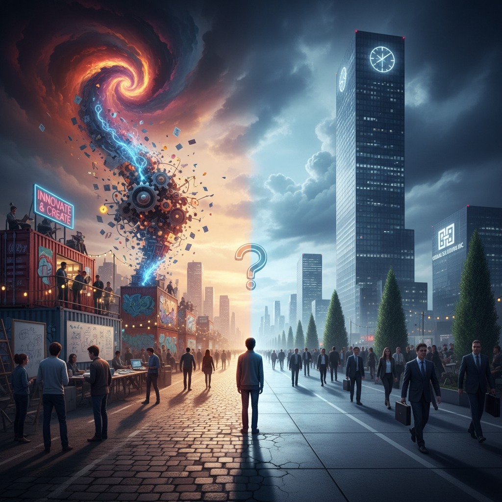 Split scene showing chaotic startup office on one side and structured corporate environment on the other, representing career path choice