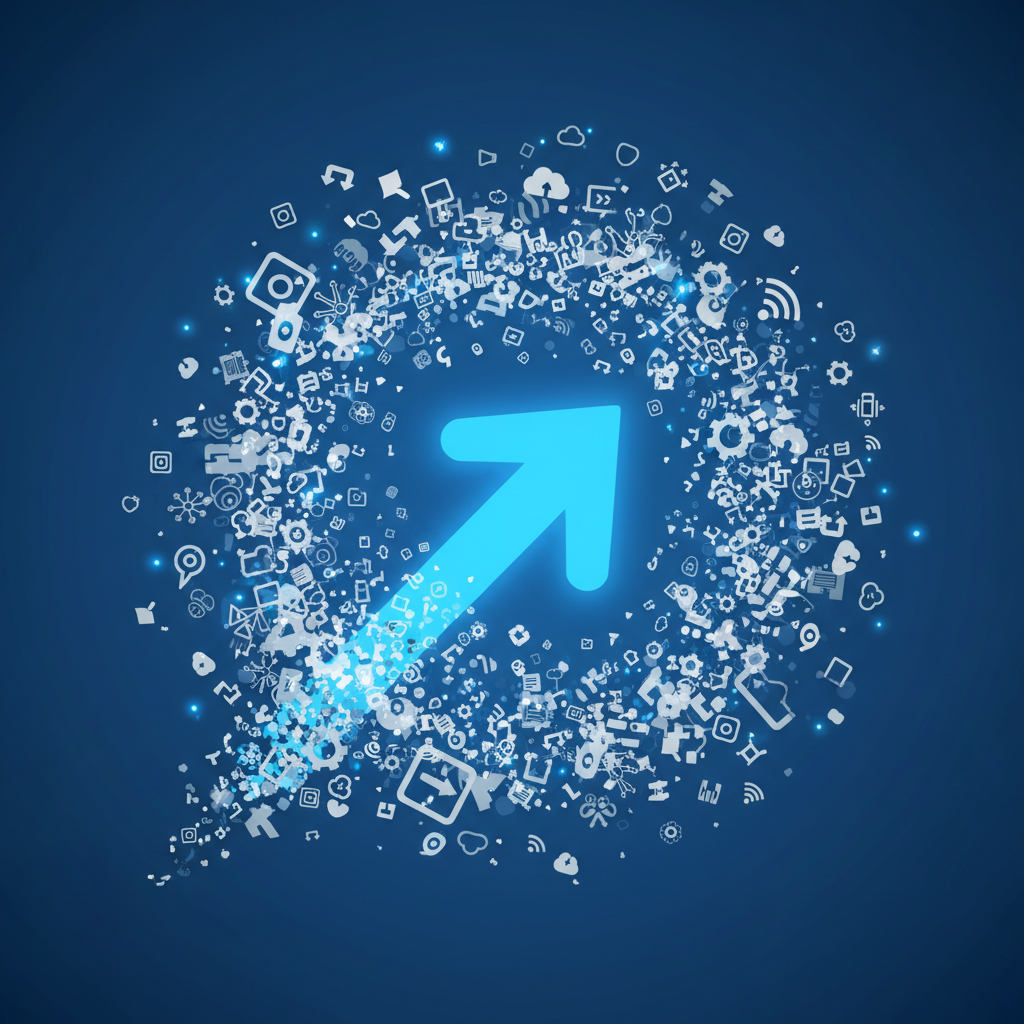 Single illuminated path through a maze of scattered technology icons, representing focused career direction amid overwhelming options