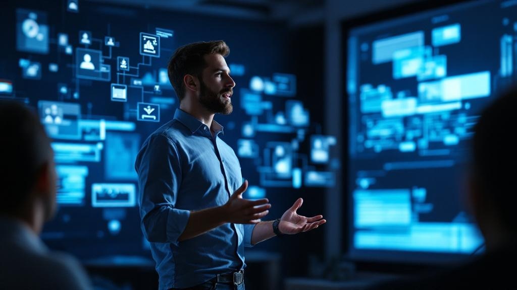 Software engineer confidently presenting to colleagues with holographic architecture diagrams, modern tech office with blue ambient lighting