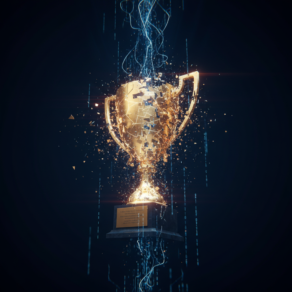 A glowing trophy fading into digital particles against a dark background, representing IT accomplishments being forgotten over time